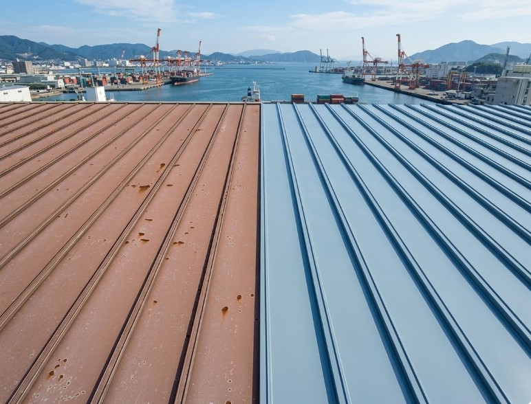 カバー工法による屋根改修（施工前後）