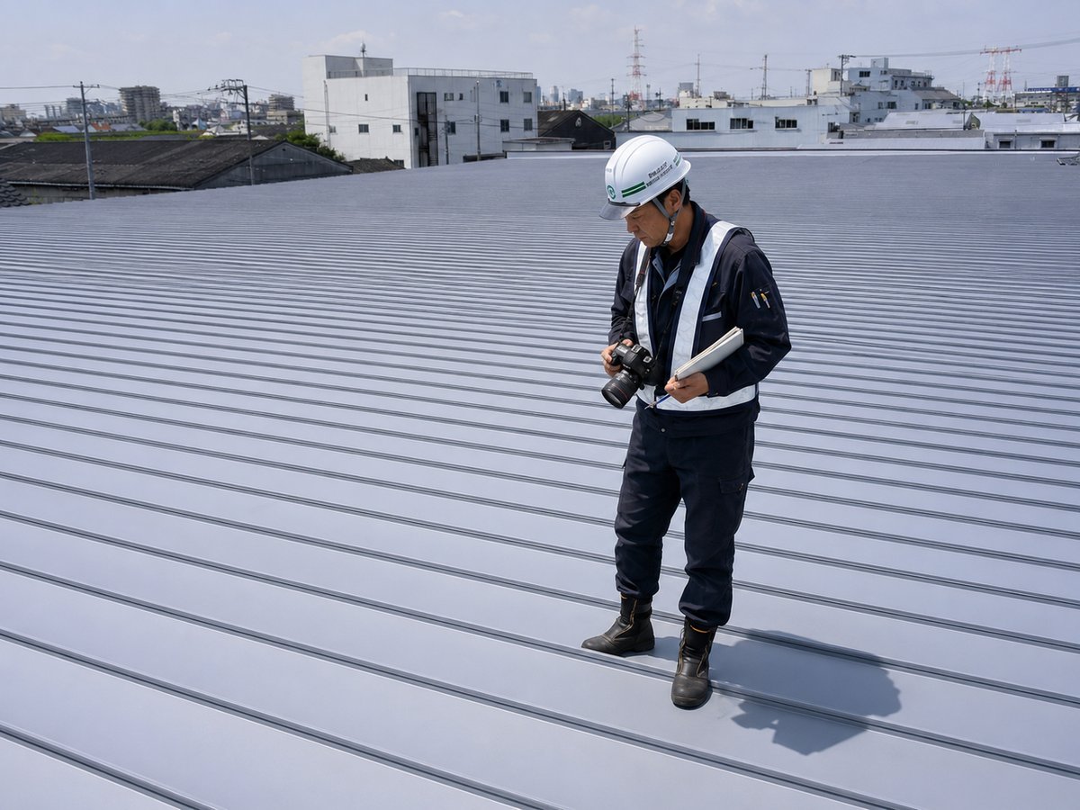 屋根上でカメラと記録用紙を持って屋根状態を確認するスタッフのイメージ