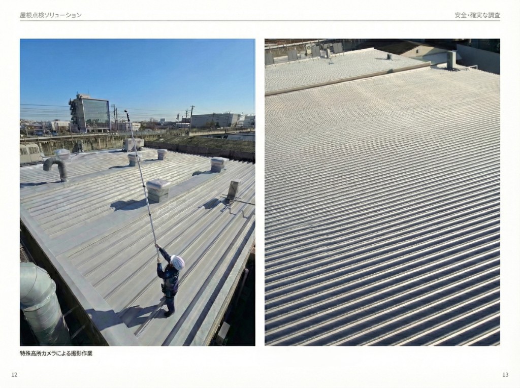 特殊高所カメラで屋根面を撮影（足場不要）