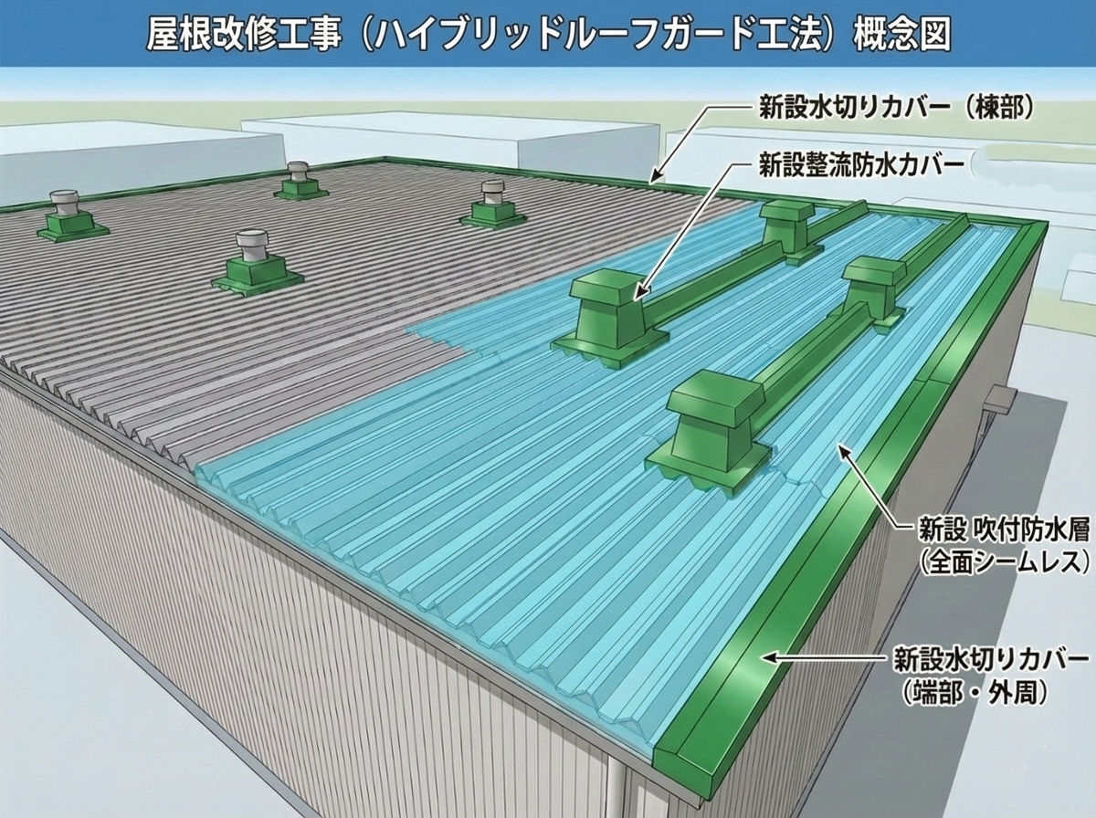 HRG工法 概念図｜新設吹付防水層・整流防水カバー・水切りカバーの3層構成